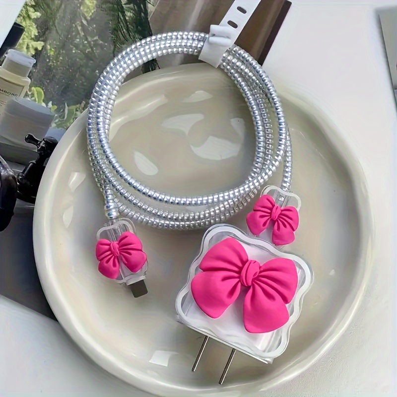 

5pcs Pink Bow Knot Charger And Cable Protector Set, Tpu Material, Compatible With Apple 20w For Iphone 14 Pro Max/13/12/11 - Cable Organizing And Protection Accessories