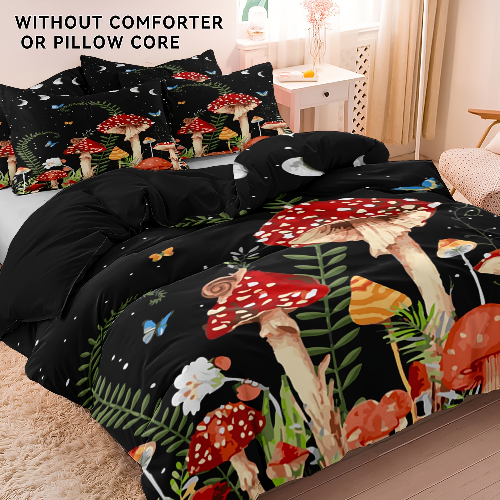 TEMU 2d Flat Polyester Mushroom Forest Print Bedding Duvet -piece Set, Suitable For Bedrooms, Guest Rooms. Soft And Comfortable Duvet Cover, Gift For
