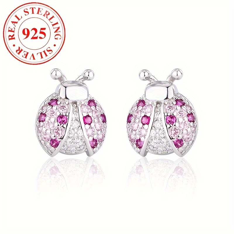 

1pc Luxury 925 Sterling Silver Ladybug Earrings, Hypoallergenic With Synthetic Zirconia, Cute Animal Theme, Birthstone, Daily & Gift Jewelry