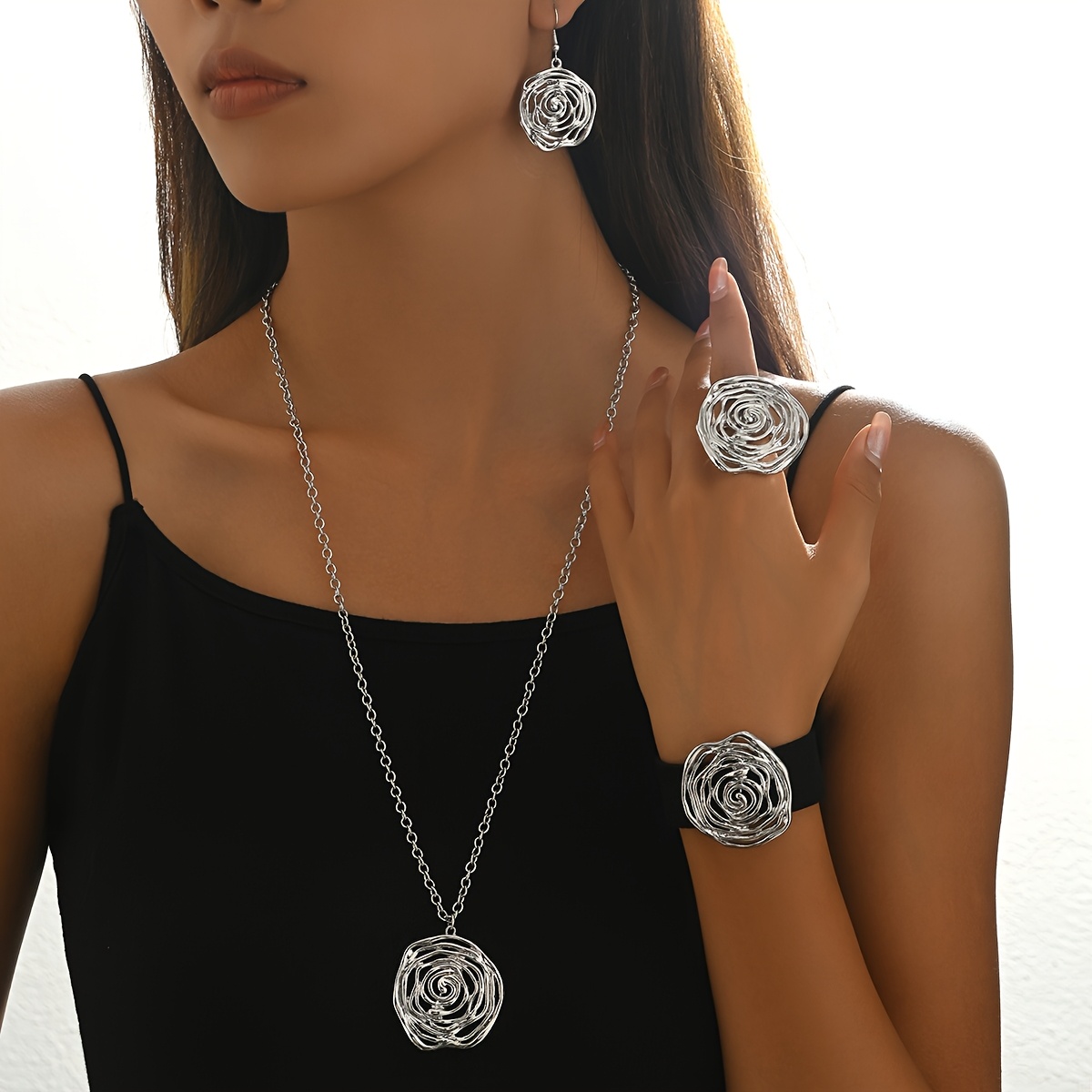 Image of 4pcs Set Of Silvery Rose Pattern Necklace Ring Earring Bracelet Bangle Set, Easy Line Rose Pendant Set, Black Wide Wristband With Rose Pattern Bangle Hand Jewelry, Suitable For Daily And Holiday Wear