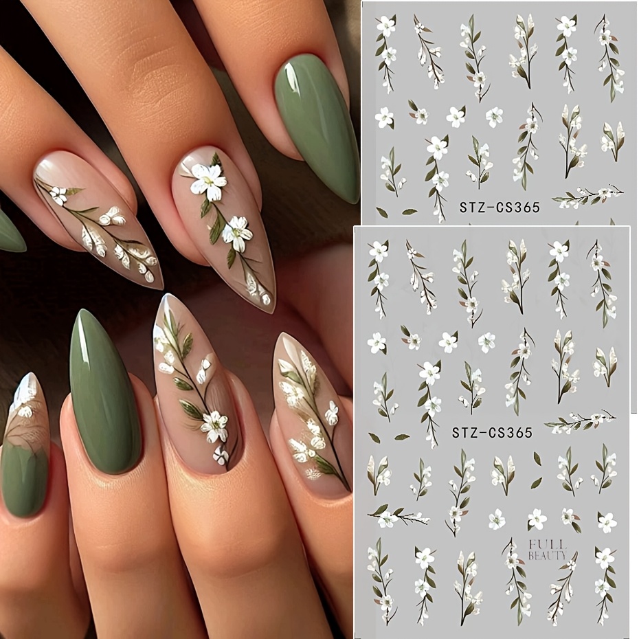Image of 2pcs 3d Flower And Leaves Nail Art Stickers White Small Jasmine Camellia Flower Green Self-adhesive Sliders Elegant Floral Plant Manicure Accessories Nail Decoration