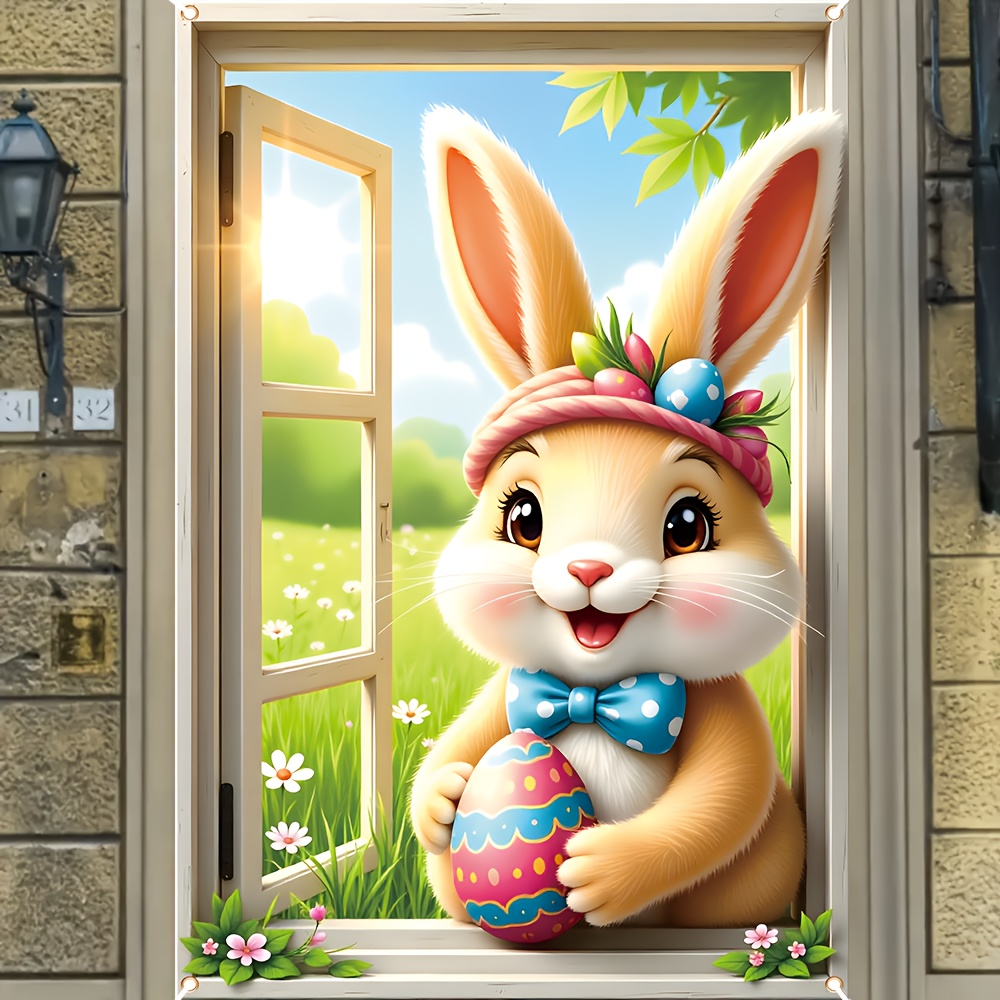 

1pc Easter Bunny Window Hanging Decor, Polyester Easter Party Banner, , No Feathers, Electricity-free, With 47.2in X 31.4in For Indoor & Outdoor Decoration, Poster