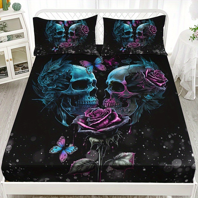 3pcs Rose Floral Fitted Sheet Set (1 Fitted Sheet + 2 Pillowcases, Pillow Core Not Included), Home Dormitory Hd Printing