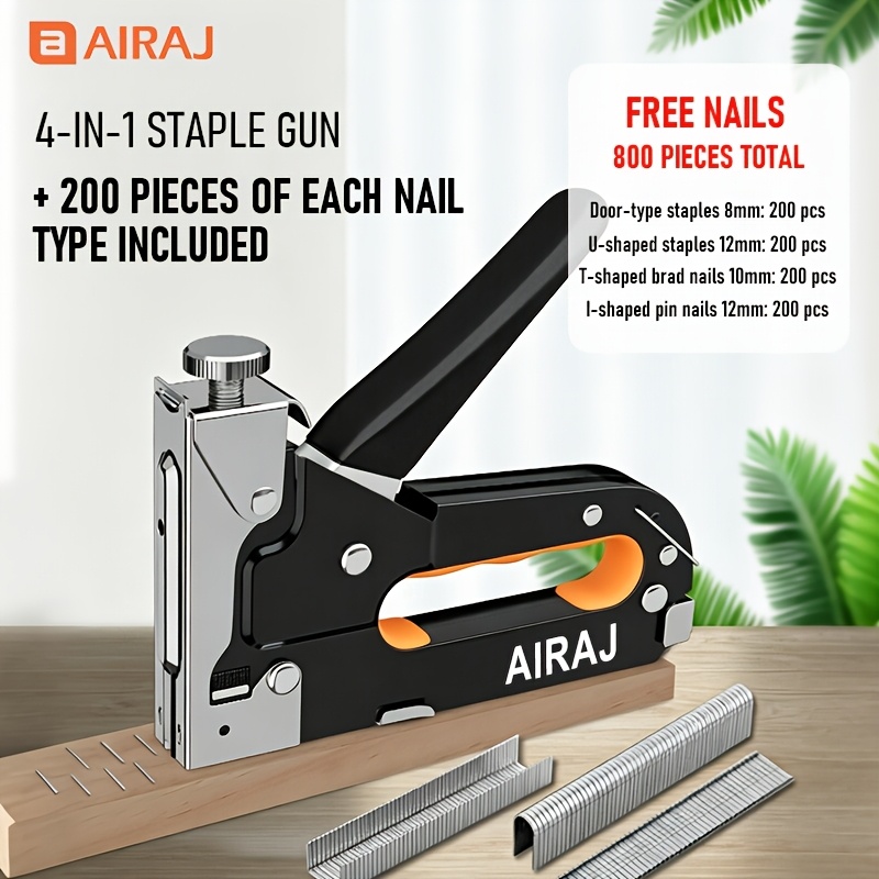 TEMU Airaj 4-in-1 Heavy Duty Staple Gun & Brad Nailer Kit With 800pcs - Adjustable Manual Staple Gun Suitable For Wood, Upholstery, Carpentry,, Brad