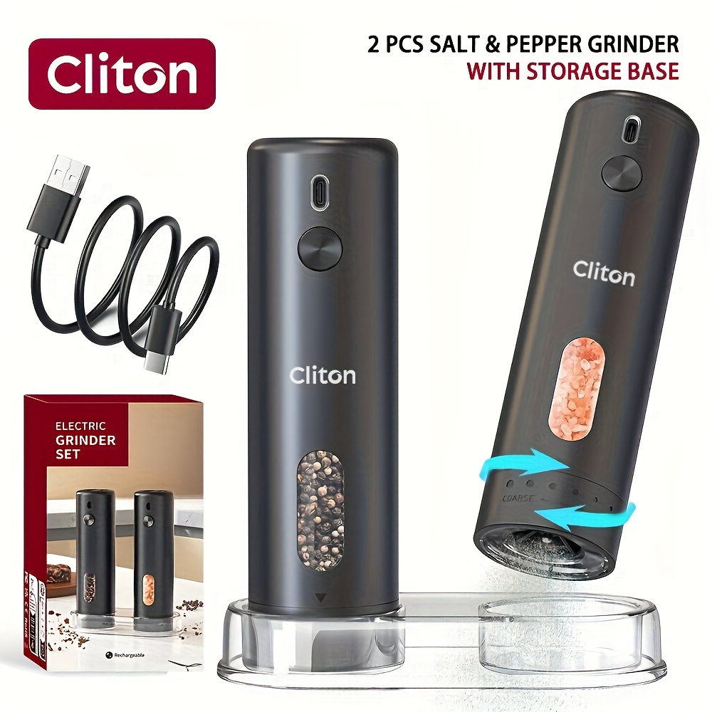 Image of Electric Pepper Grinder Rechargeable, Automatic Salt And Pepper Mills Set With 110ml Container, External Adjustable Coarseness, White Led Light And One-handed Operation For Kitchen, Outdoor, Bbq &