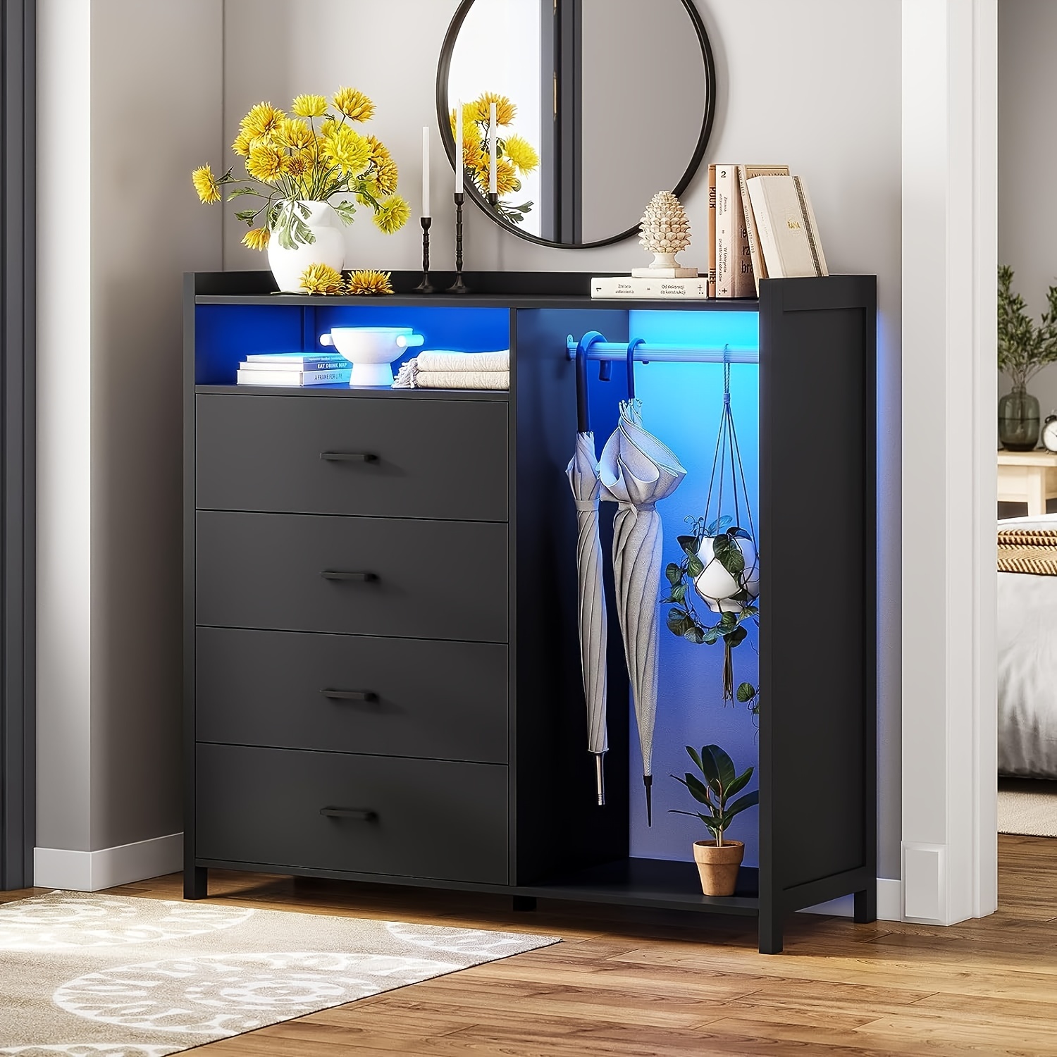 

4 Drawers Dresser With Led Lights For Bedroom, Chest Of 4 Drawers With Clothesrail, Modern Black Dresser With Open Storage Space For Bedroom Entryway