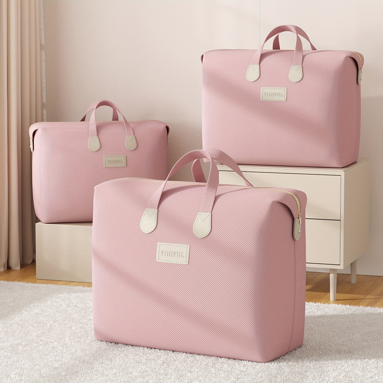1pc YOUFEN Pink Polyester Blend Quilt Storage Bag with Zipper Closure - Portable Travel Organizer for Dorm, Clothes, Shoes & Accessories, Durable & Lightweight Design for Home, Office, Travel, Quilt Storage Bag, Dorm Room Organizer, Stylish Organizer, Sturdy Handles