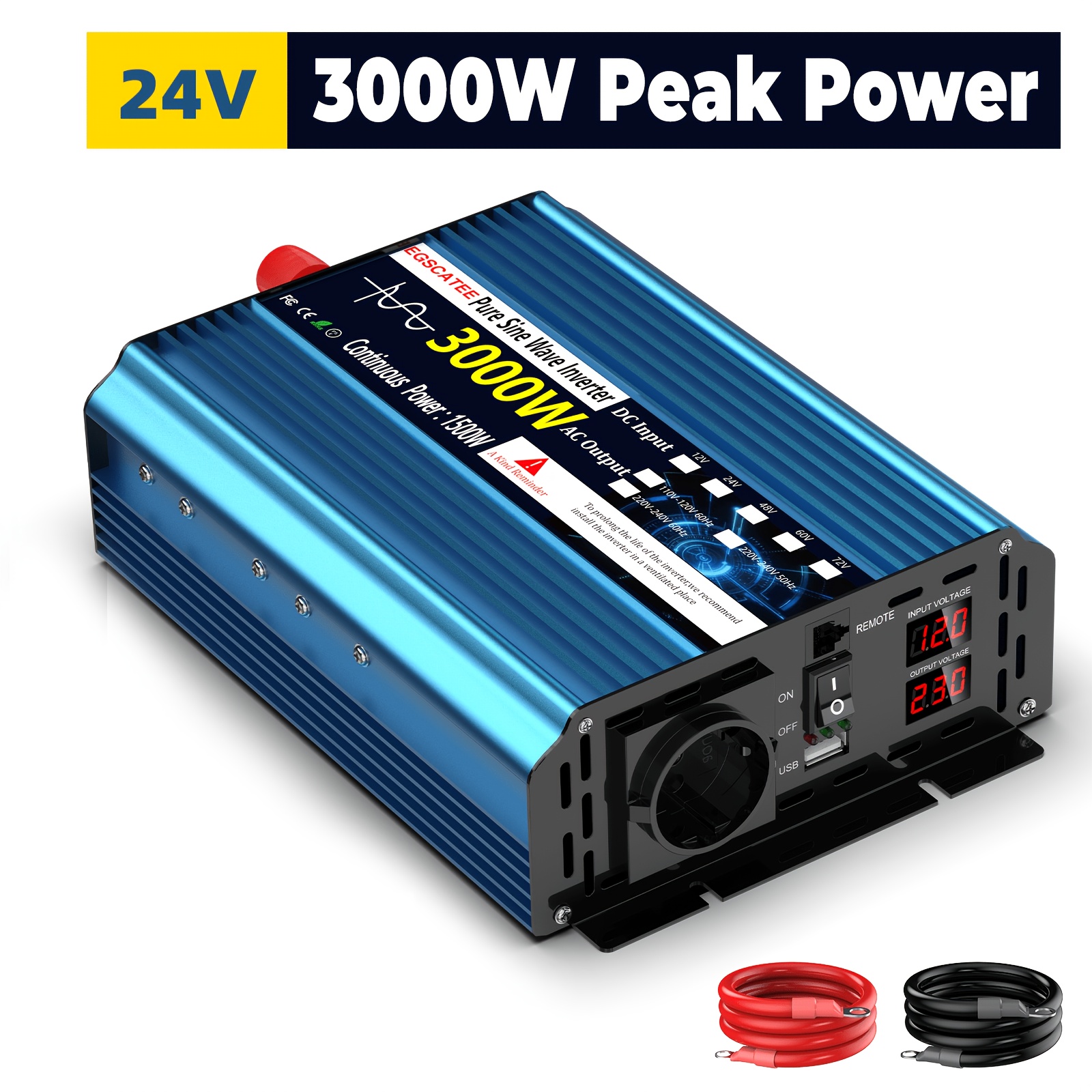 Image of Pure Sine Wave 3000w 1500w 12v 24v To 220v Ac Car Power Inverter Converter, Suitable For Car , Rvs, Travel, Compatible With Laptops, Universal Socket, Without Battery