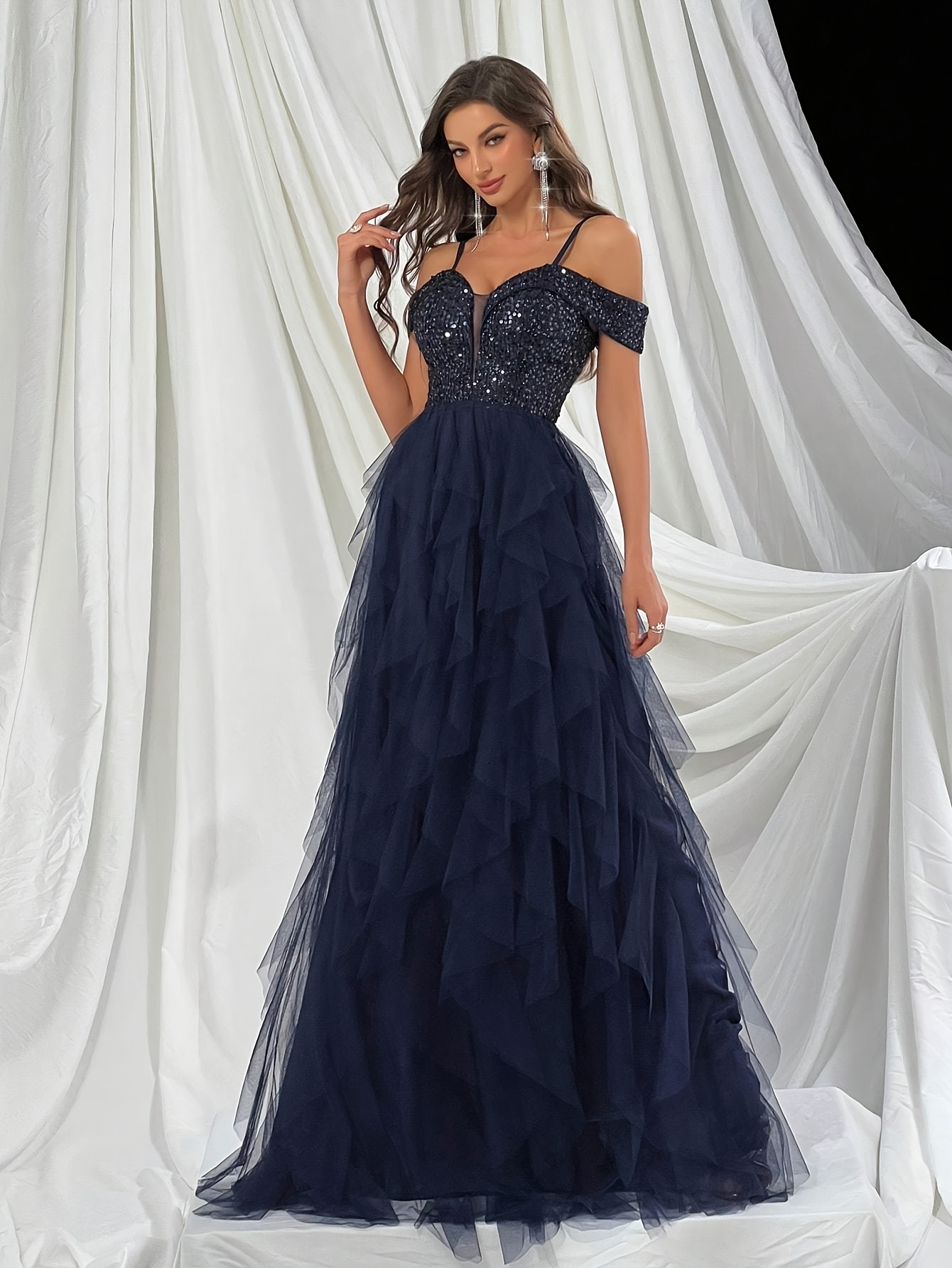 a stunning royal blue dress a sequined mesh hem shoulder - Temu