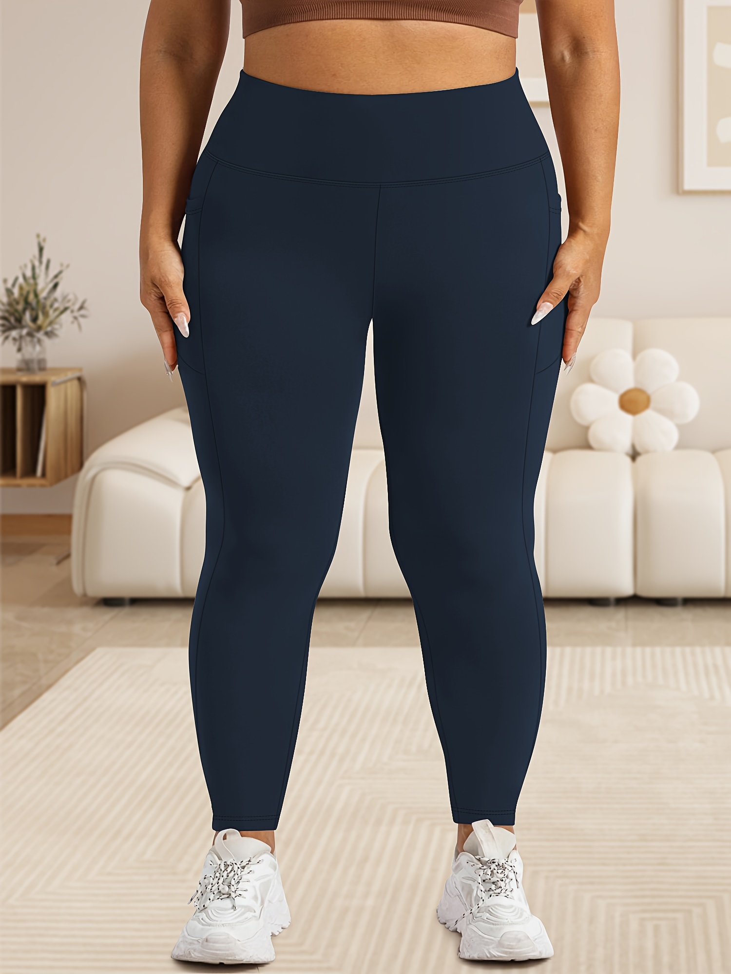 Women'S Plus Size High Waist Tummy Control Leggings with Pockets, 88% Polyester 12% Elastane, Skinny Fit, Solid Color, Knit Fabric, 200g/m², All Season Athletic Yoga Pants for Running & Fitness