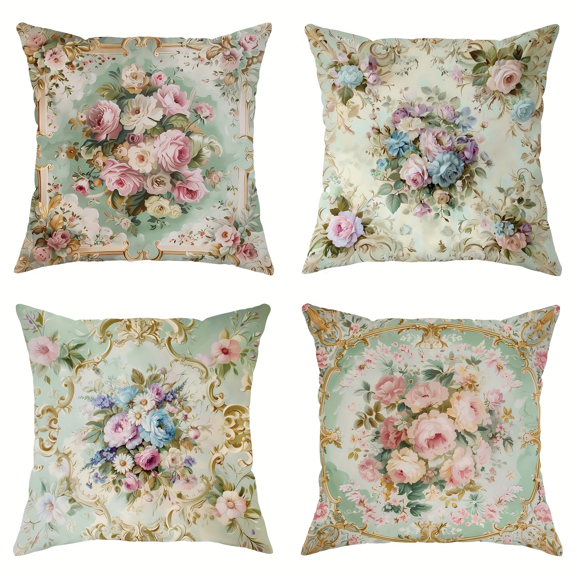 

[jit] 4pcs Velvet Throw Pillow Covers Floral Blue Vintage Country Pillowcases18in*18in For Living Room Bedroom Sofa Bed Decoration Without Pillow Inserts