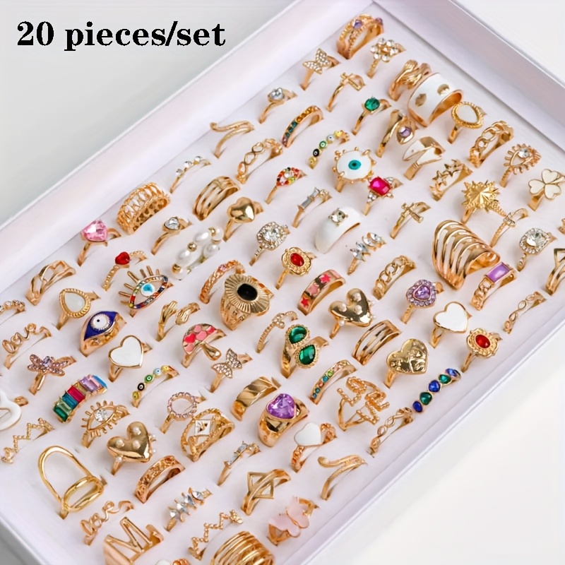 TEMU 20pcs Vintage Enamel Alloy Women's Ring Set, Elegant And Heart Mixed Styles, Multi-piece Ring Set For Party, Wedding, Daily Wear, Finger