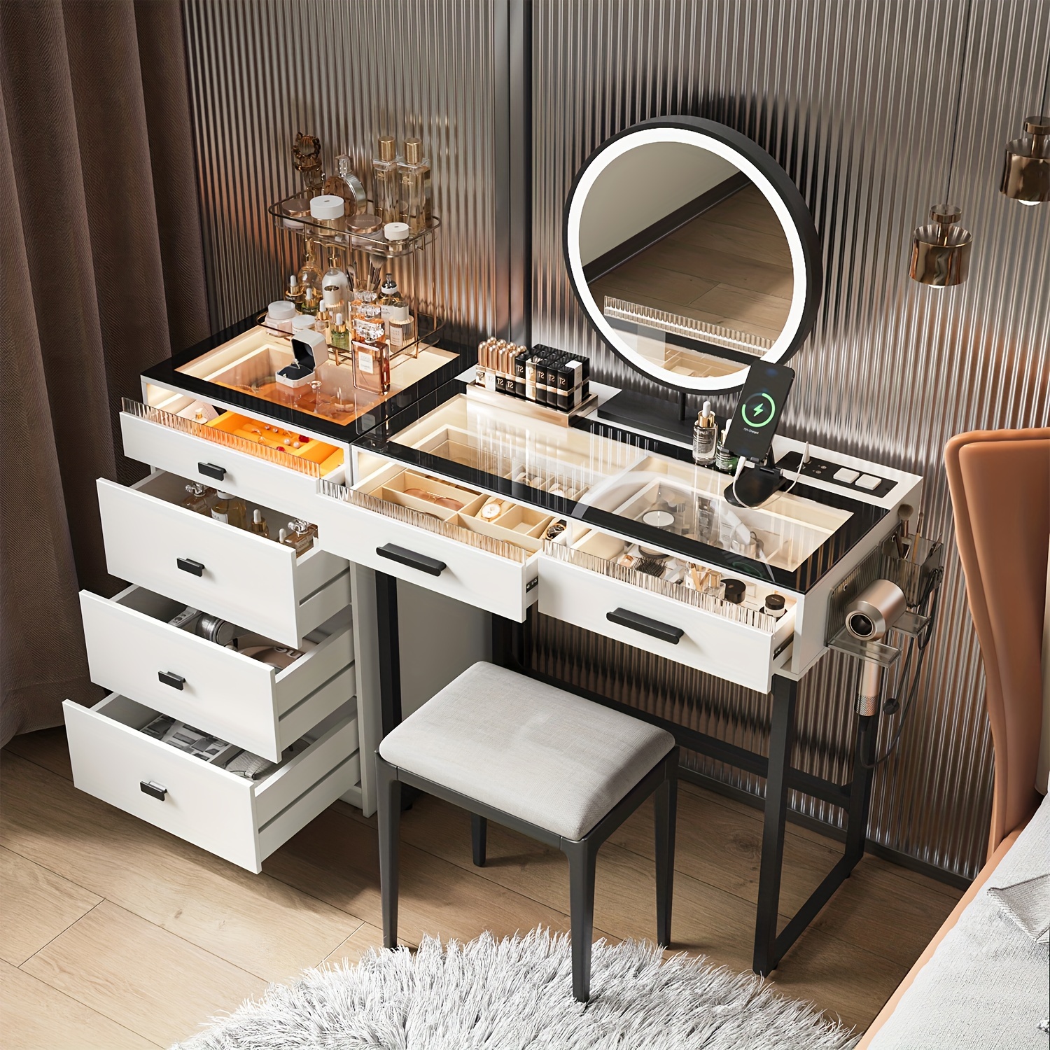 

Desk And , Makeup Top, Dressing Table 6 Drawers & & Jewelry , 3 ,