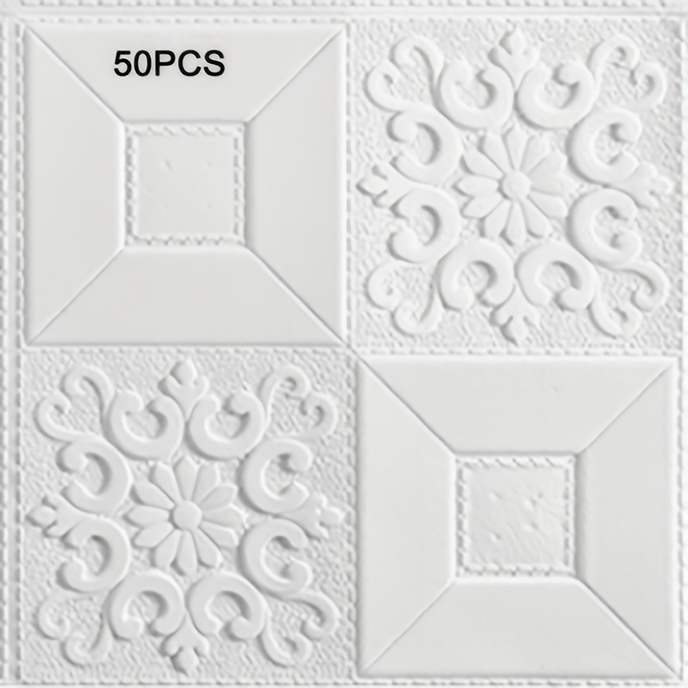 Image of 50pcs 3d Wall Stickers 13.78 Inches Square Self-adhesive Wallpaper Foam Anti-stain Ceiling Tiles For Living Room Bedroom Balcony Kitchen