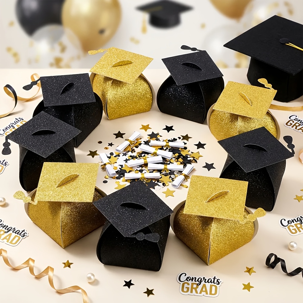 TEMU Regalo /Lui 10 pezzi Scatola di Laurea Glitterata - Scatola Regalo Cappello di Laurea (5 pezzi e 5 pezzi Dorati)