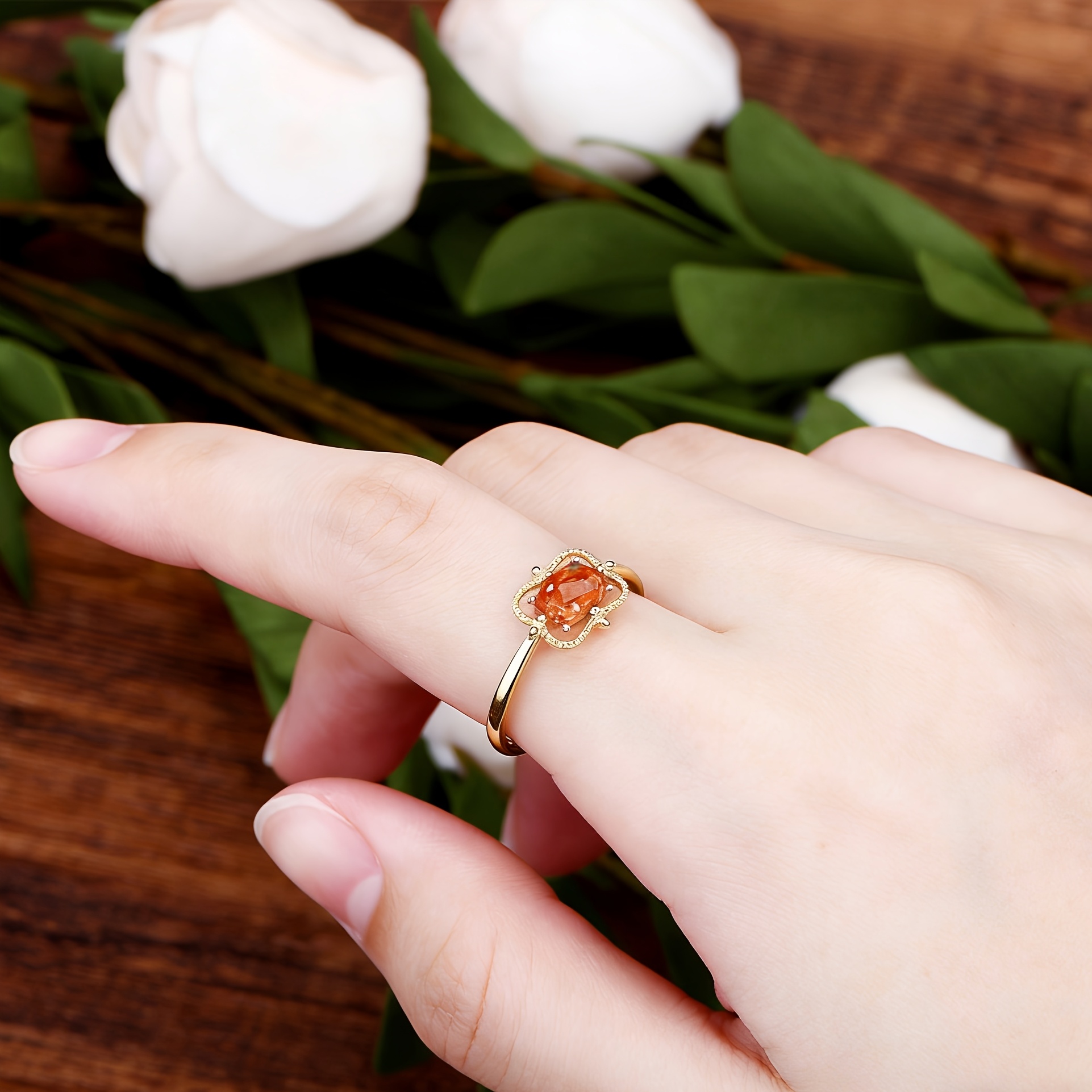 Retro Copper Inlaid Zirconia Orange Ring for Daily Wear