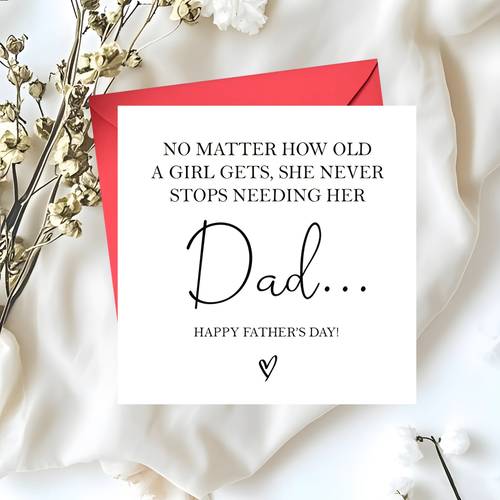 a fathers day card from a daughter of how mature a girl becomes her need for her father remains beautifully designed with elegant script and a heart motif