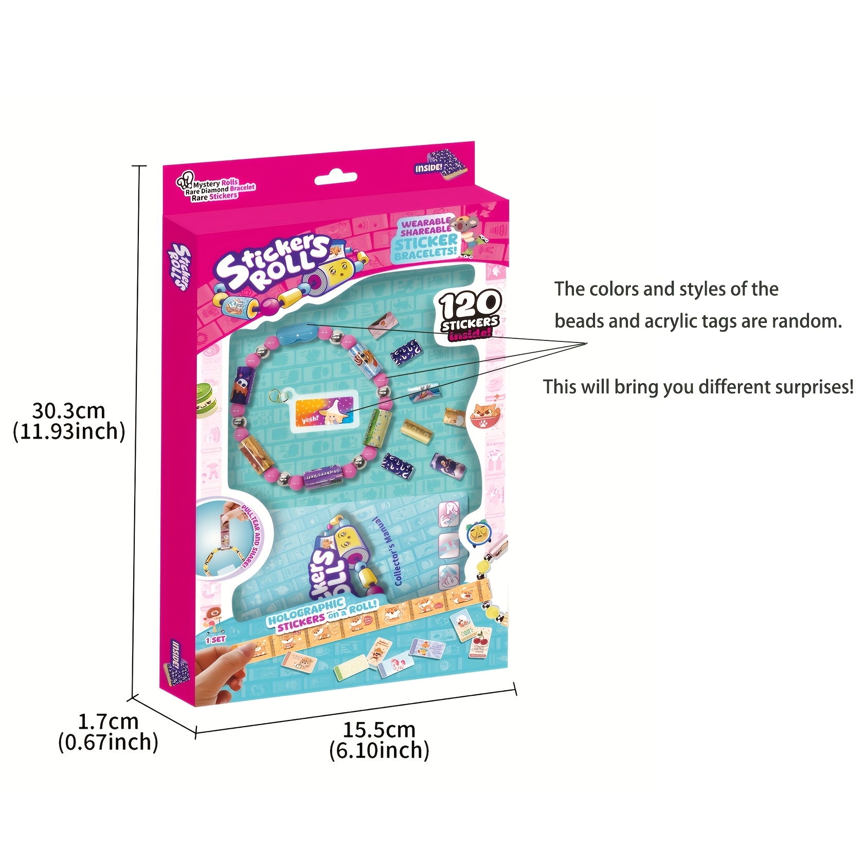 Image of 120pcs Mini Sticker Bracelets, Wearable And Sticker Bracelets, Random Colors, Each Sticker Features A Different Cute Character! Decorate Your Items With This Mystery Sticker Roll Set