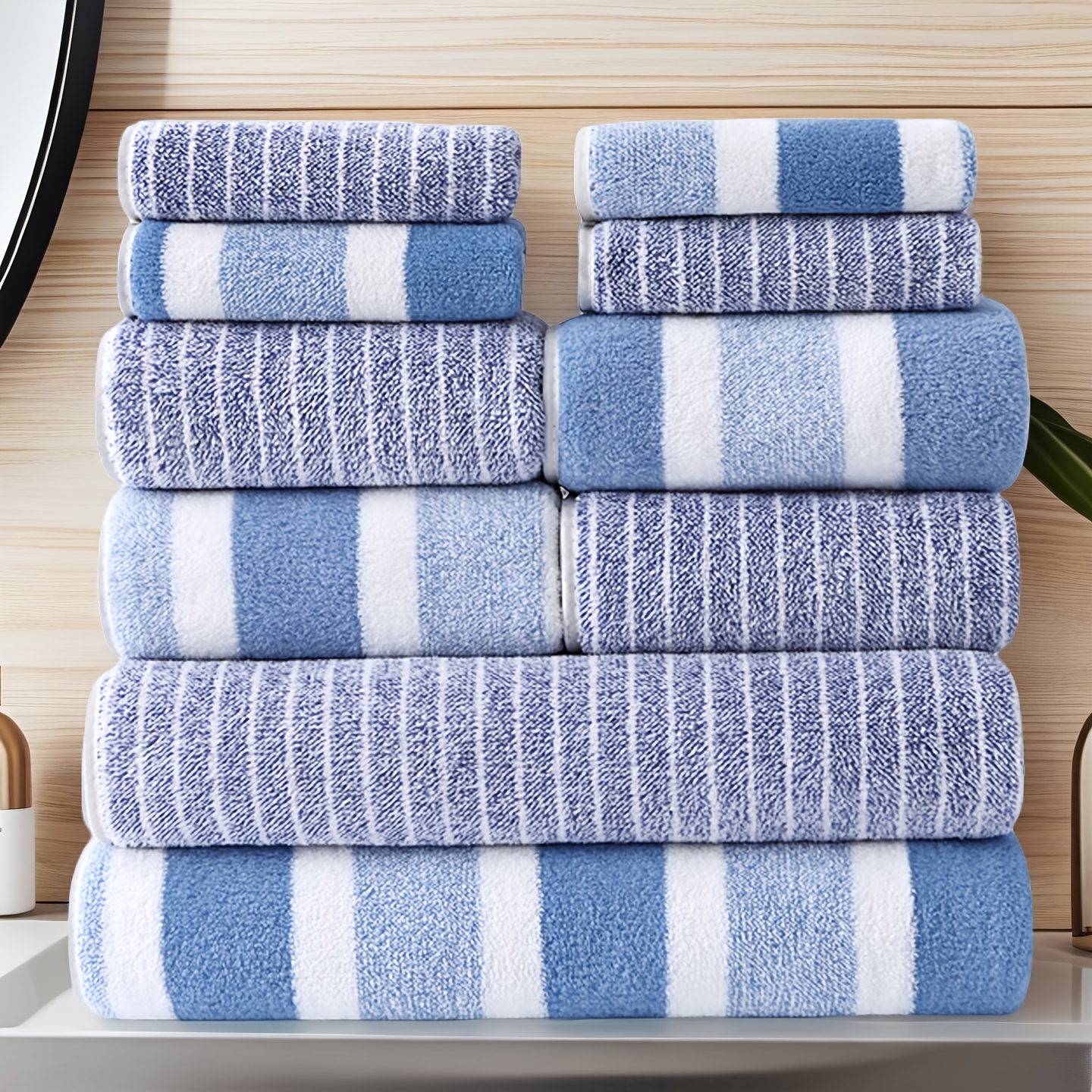 TEMU 10pcs Striped Towel Set, Includes 4 Bath Towels And 2 Bath Towels, Towels, , Camping Towels, Hiking Towels, Business Venue Towels, Suitable For
