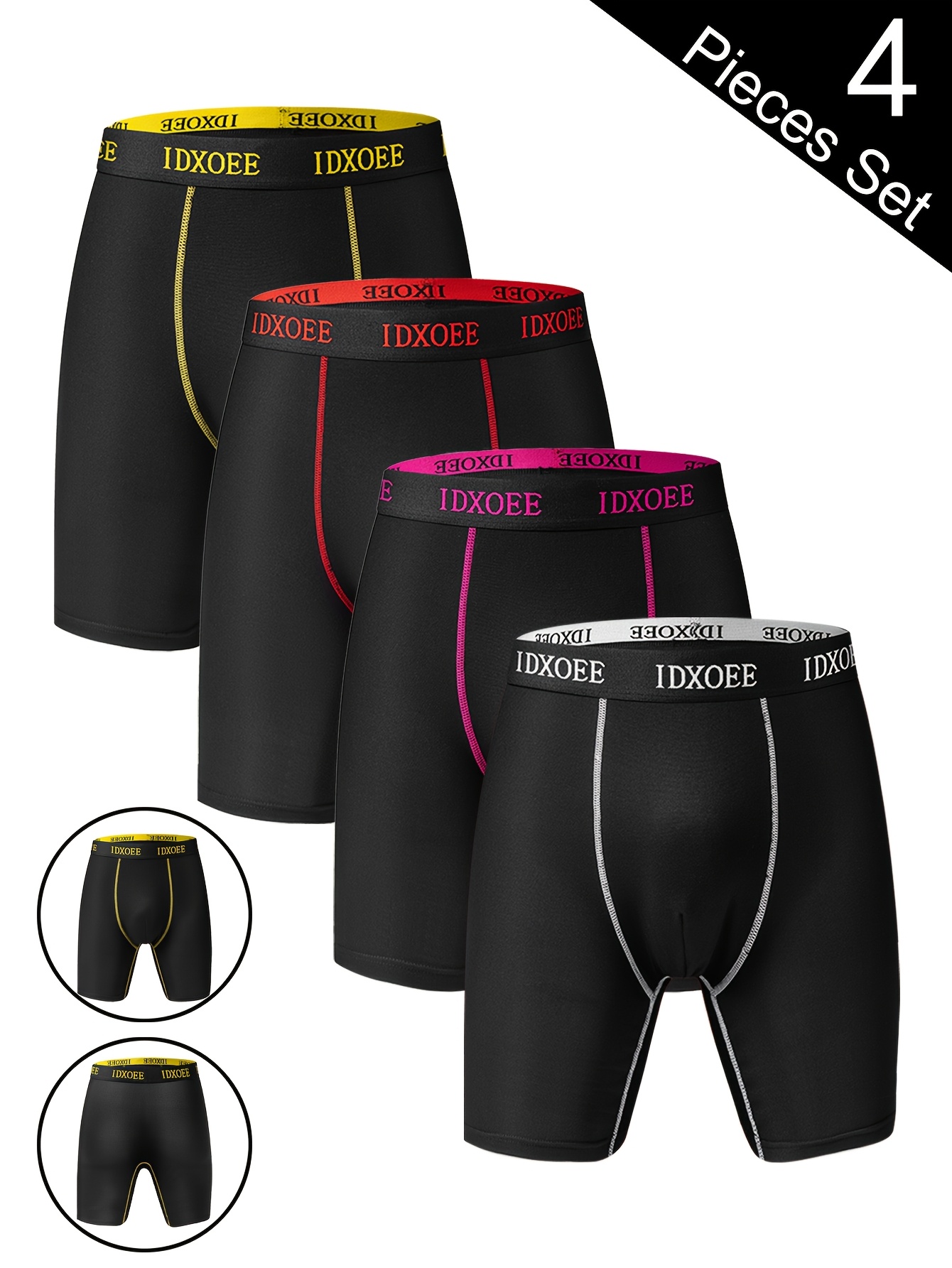 4pcs Men's High-Elasticity Shapewear Boxer Briefs - Breathable Moisture-Wicking Quick-Dry Skinny Fit Underwear with Elastic Waistband, Soft Lightweight for Workout Gym Sports Casual Wear (4 Colors: Black/Yellow/Red/Pink), Gym Clothes, Sleek Modern Look, Smooth Comfort Fit