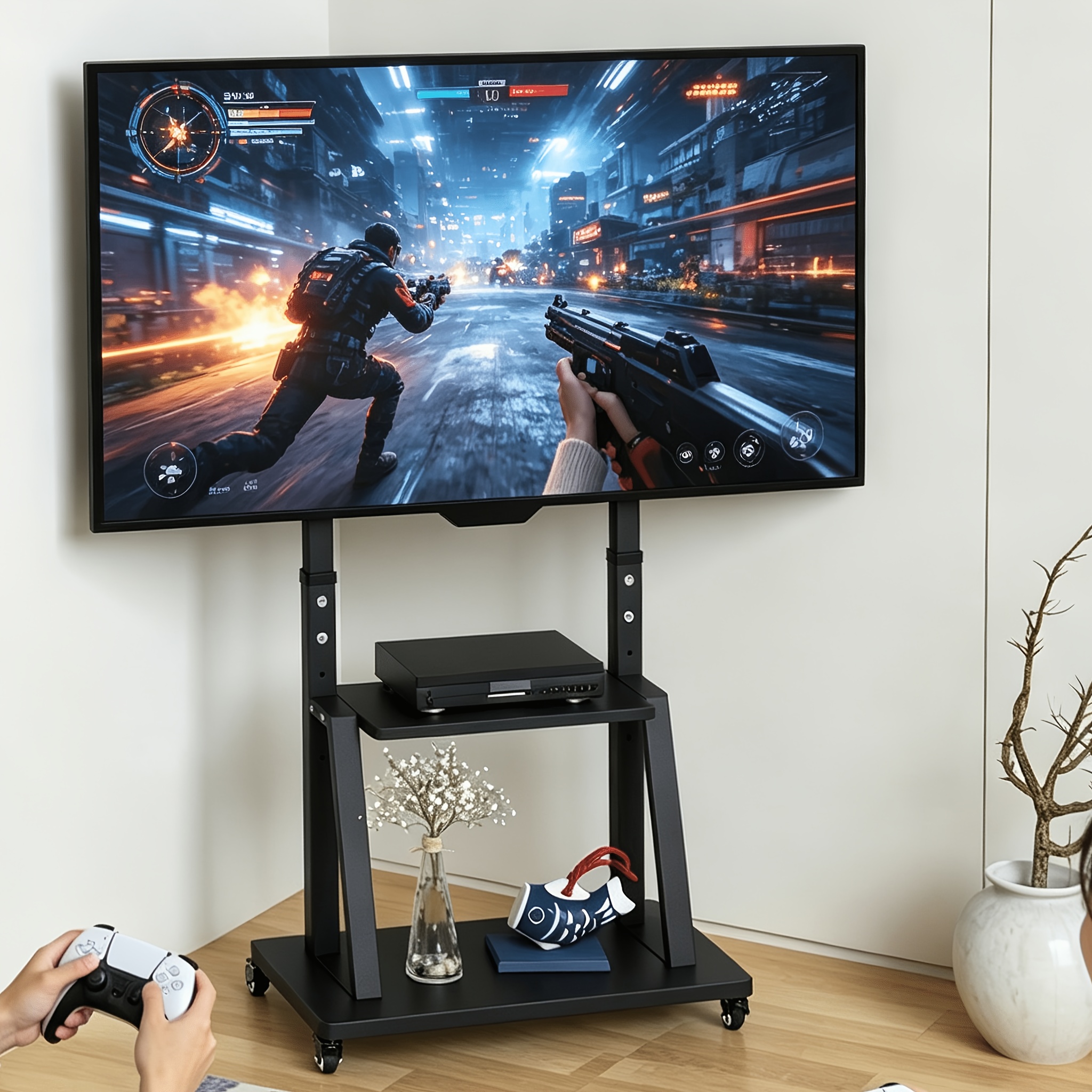 Image of Heavy Duty Mobile Tv Stand/tv Cart With Casters For 32"-100" Height Adjustable, Ultra Stable Tv Trolley With 2-tier Storage Shelves, To 80kg Max, Vesa 800x600mm