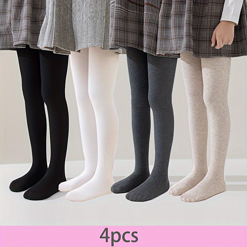 

4pcs Girls' Stretchy Knit Tights - Slim Fit, & Fashionable With Vertical Stripes, Machine Washable