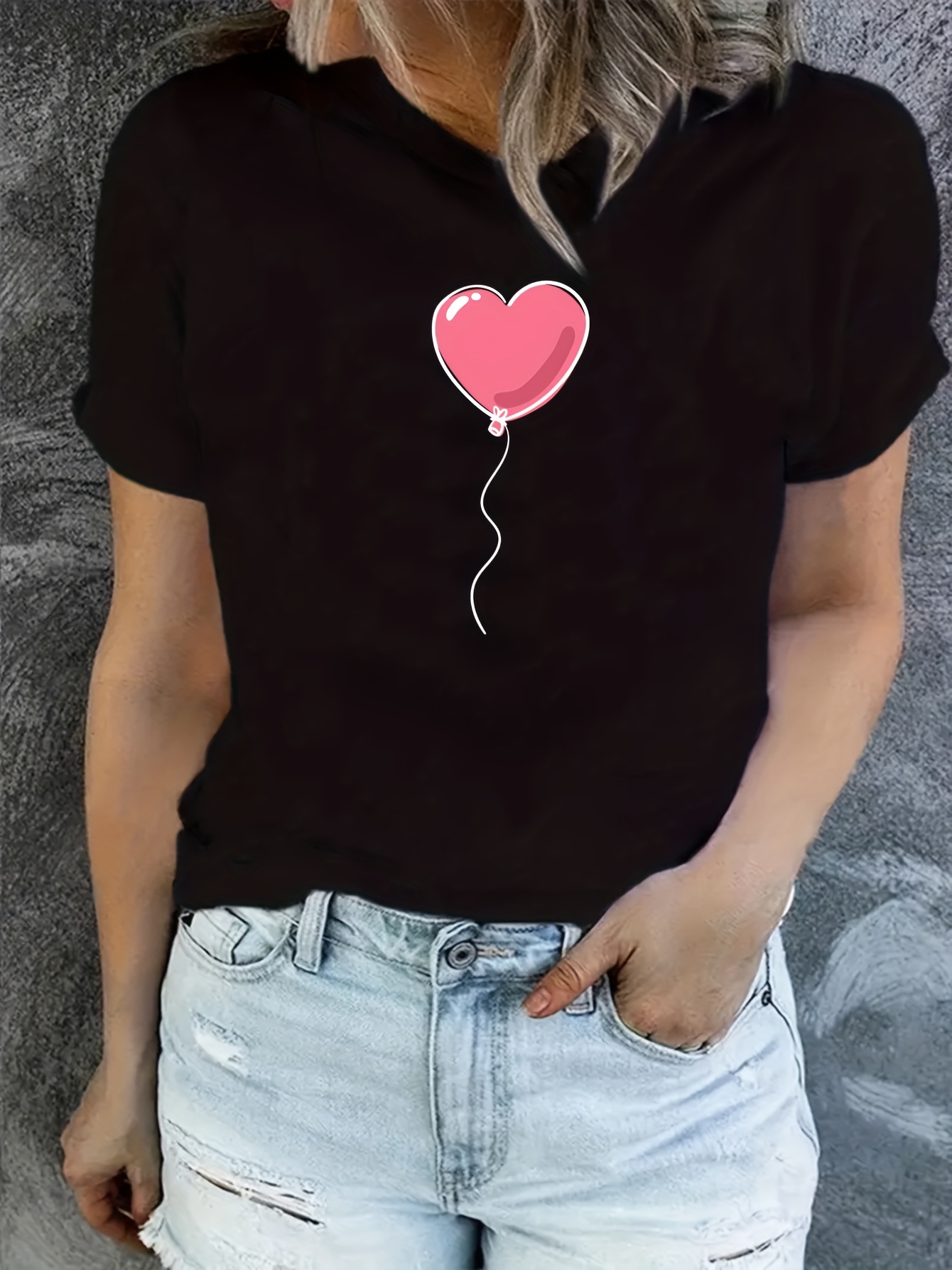 Love Heart Printed T Shirt Casual Round Neck Short Temu Australia