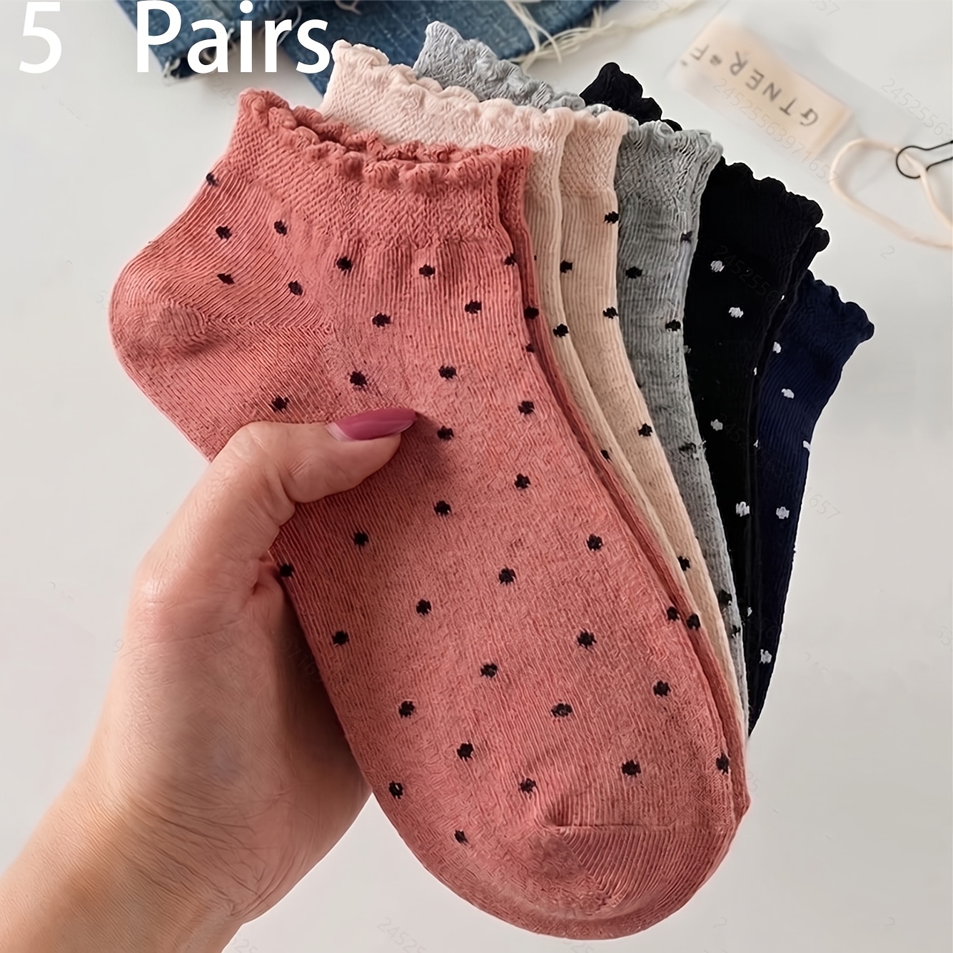 TEMU 5 Pairs Women' Color Polka Dot Edge Pleated Short Socks, Cute Socks, Soft And Comfortable Breathable, Suitable For