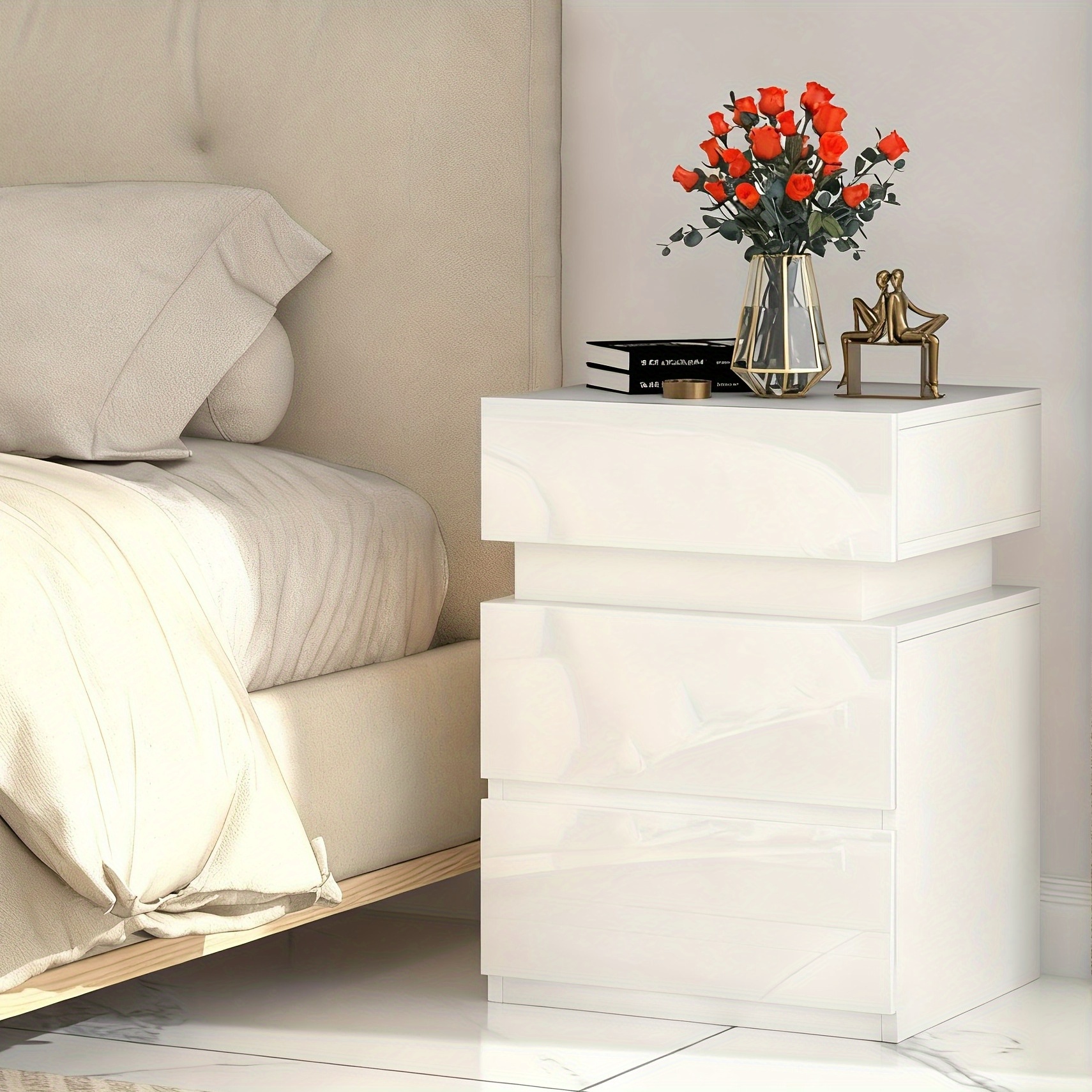 Sofa Side Table With 3 Storage Spaces, 40x35x55cm