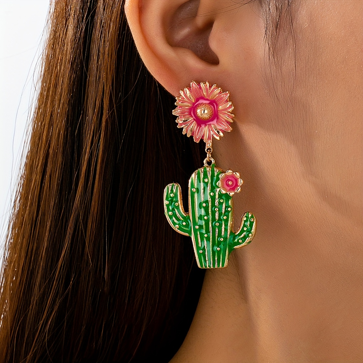 Un Par de Aretes Únicos, Atrevidos y Vibrantes de Flor de Cactus con Diseño Divertido de Esmalte Colorido, Estilo Vacacional que Llama la Atención