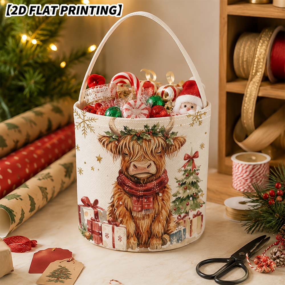 TEMU 1pc Scottish Highland Cow Christmas Basket With Retro Snowflake Print & Santa Claus Suitable For Candy Cane Storage, Jar, Tree Decor, Gift -