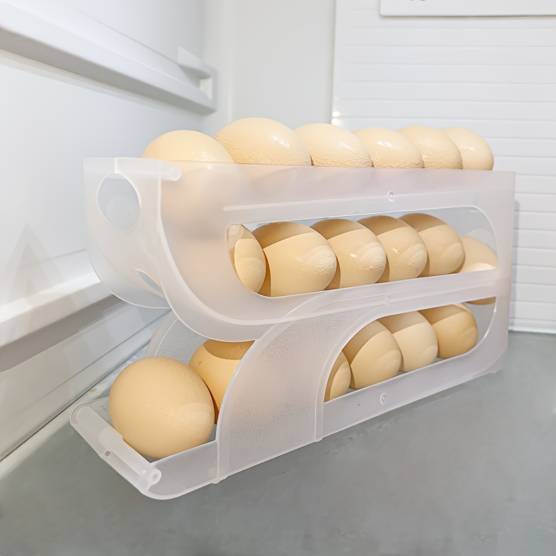 3-Tier Egg Storage Rack for Refrigerator & Kitchen Countertop - Sliding & Rolling Dispenser with Automatic Egg Pickup, Food-Safe Plastic, Space-Saving Design for Freshness Preservation, Egg Organizer for Refrigerator, Compact Layout, Durable Plastic, Meal Preppers, Modern Kitchenware, Hygienic Material, Home Cooks
