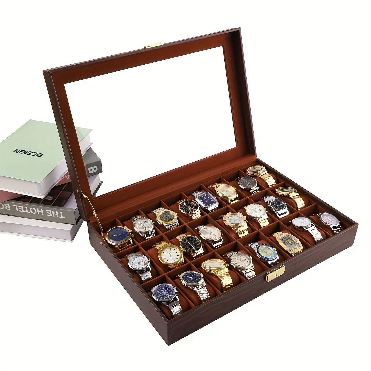 24 slot watch box with glass display lid deep brown recycled wood secure locking   leather lined interior large capacity watch storage organizer for men ideal gift for collectors watch accessories collectible protection