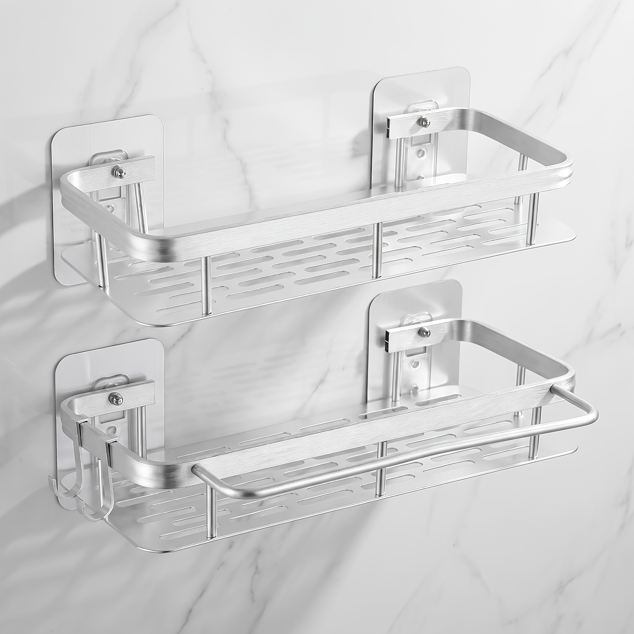 Image of 2-tier Bathroom Organizer, No-drill Shower Caddy, Wall-mounted Bathroom Shelf With Towel Bar And Hooks, Storage Rack For Shower, Kitchen, And Home