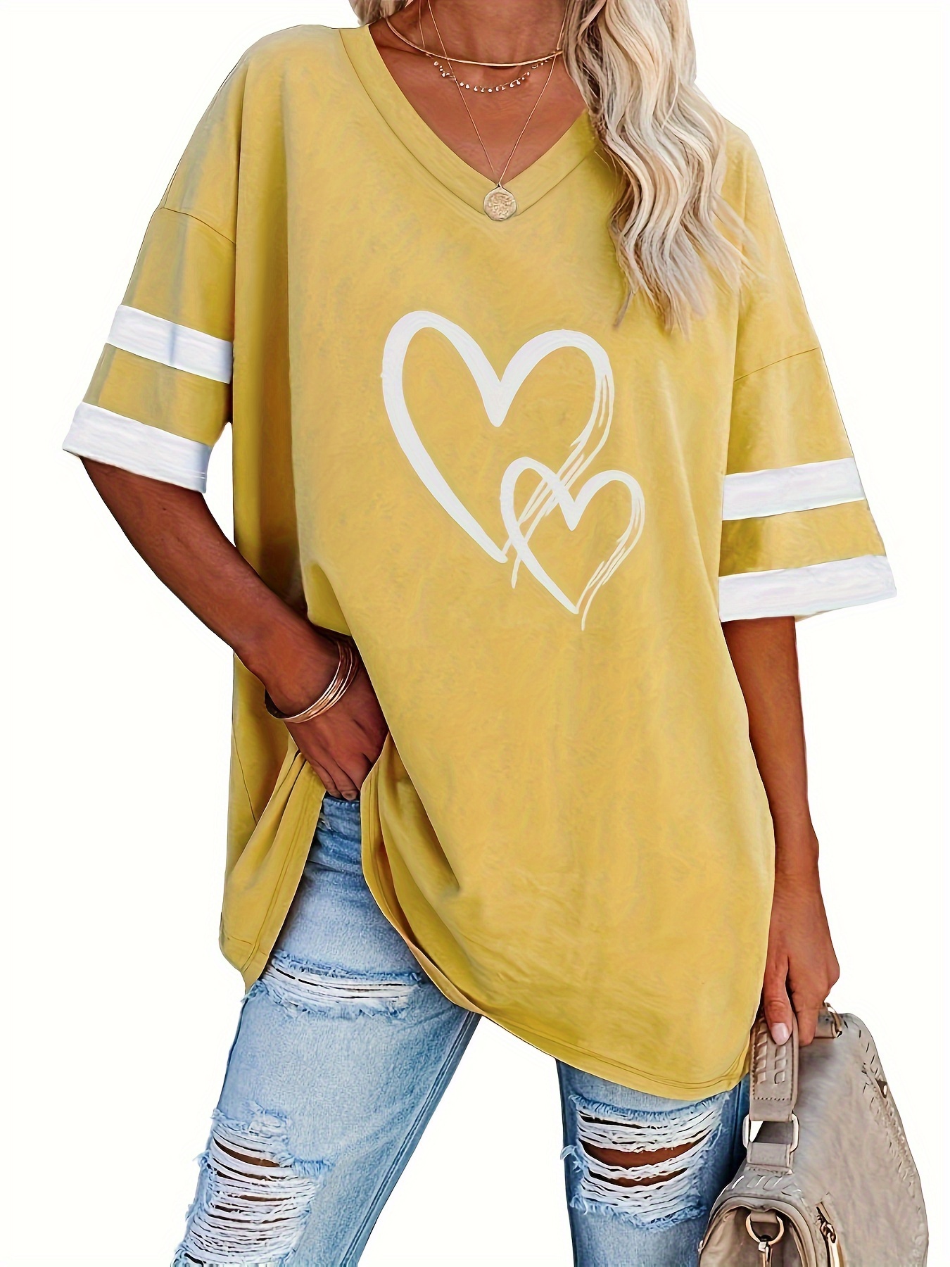 Women's Casual V-Neck Short Sleeve T-Shirt - Royal Blue with White Heart Print, Breathable Fabric, Machine Washable for Spring Summer Fall, Seasonal Fashion, Striped Detailing, Relaxed Fit Shirt