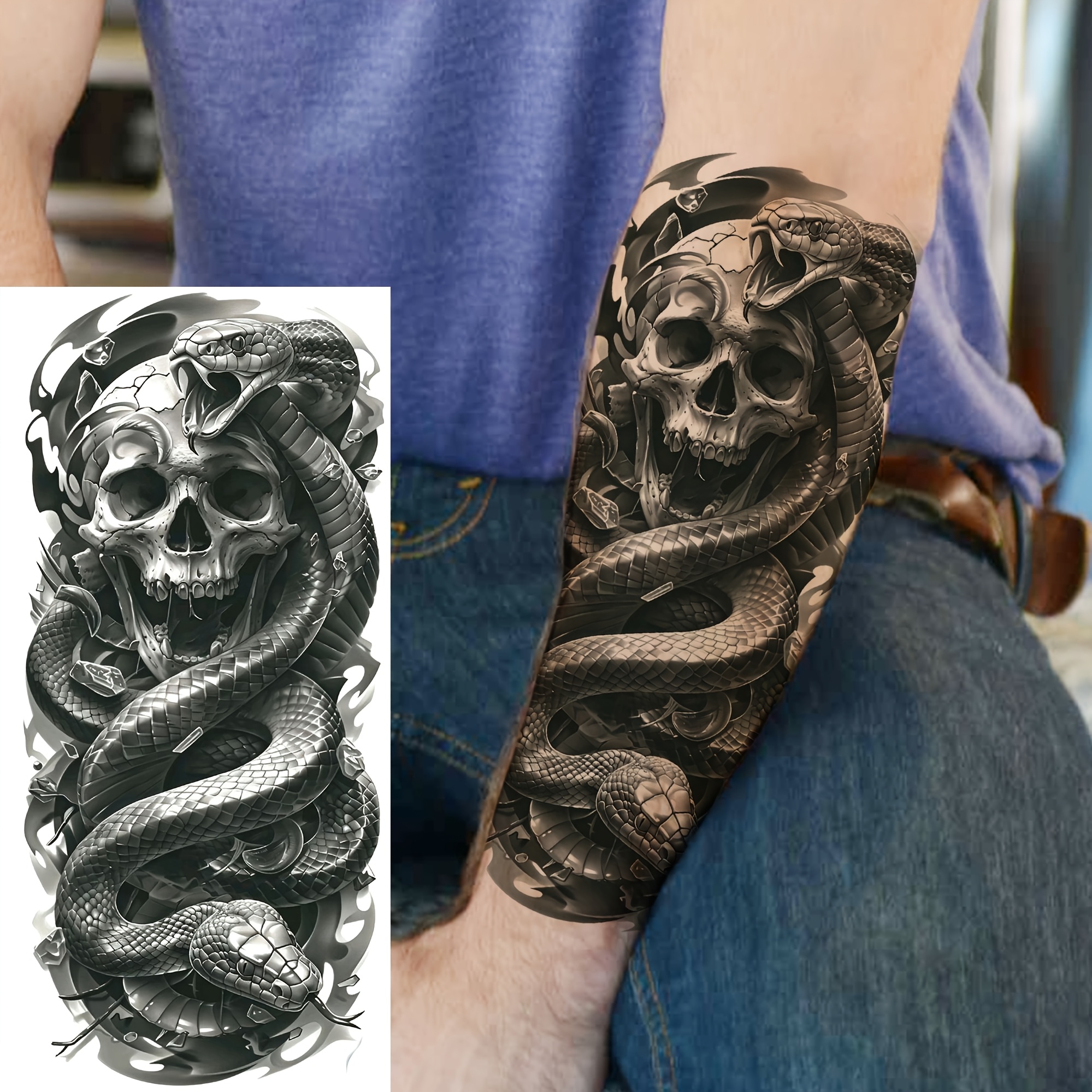 1 Sheet Halloween Temporary Tattoos - Gothic Vampire Zombie Demon Snake Skull body art - Long Lasting Waterproof Fake tattoos for Halloween Parties, Costume - Arm, Leg, Thigh, Forearm, Neck - Easy Application & Removal - Adult Horror Makeup, Halloween Decorations, Intricate Tattoo Design, Realistic Shading, Detailed Line Work, Spooky Accessories, Highquality Ink, Party Goers