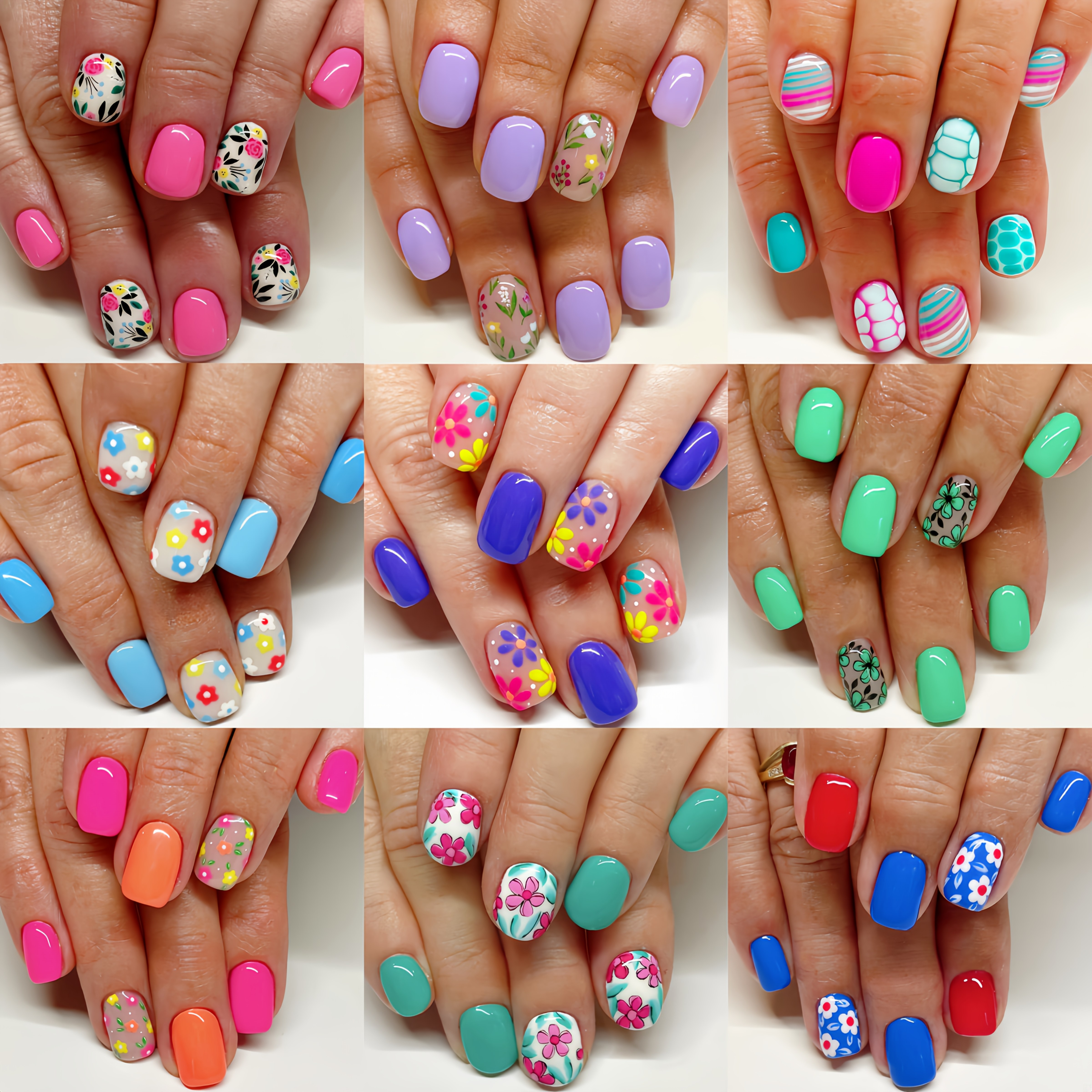 TEMU 216pcs In 9 Sets Of Floral Press-on Nails, Square-shaped, Short, Glossy Full Cover, Acrylic Artificial Nails For Women And, Ready To Stick On