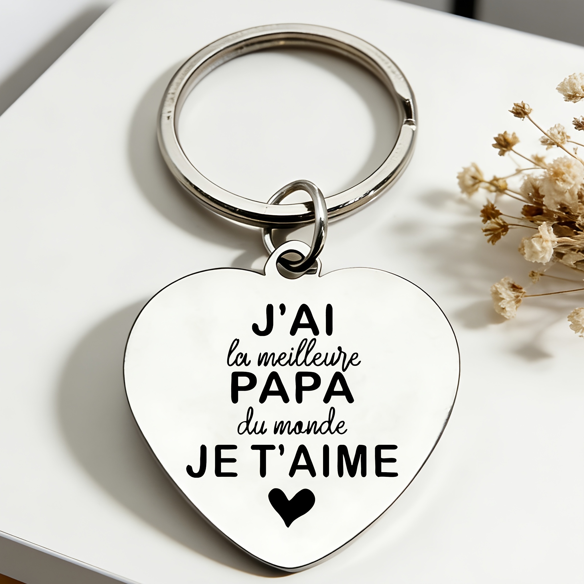 TEMU 1 Porte-clés en acier inoxydable de cœur avec une française : "J'ai le meilleur papa . Je t'aime." Convient pour papa, un cadeau pour Noël,