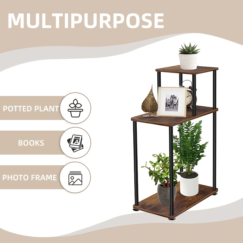 Image of 26-inch Tall 3-tier Iron & Hardwood Side Table With Storage Shelf - Rustic Brown Sturdy Metal Frame & Wood Tabletop, Space-saving Furniture Suitable For Living Room, Bedroom, Kitchen, Office -