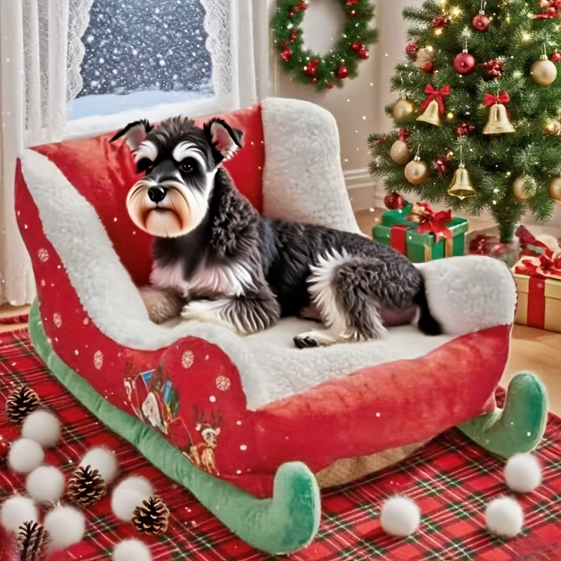 winter warm christmas   bed cat nest removable washable soft polyester pet mat with plush cushioning festive red green sled design with snowflakes holly safe cozy bed for small medium dogs   outdoor use Product details 0