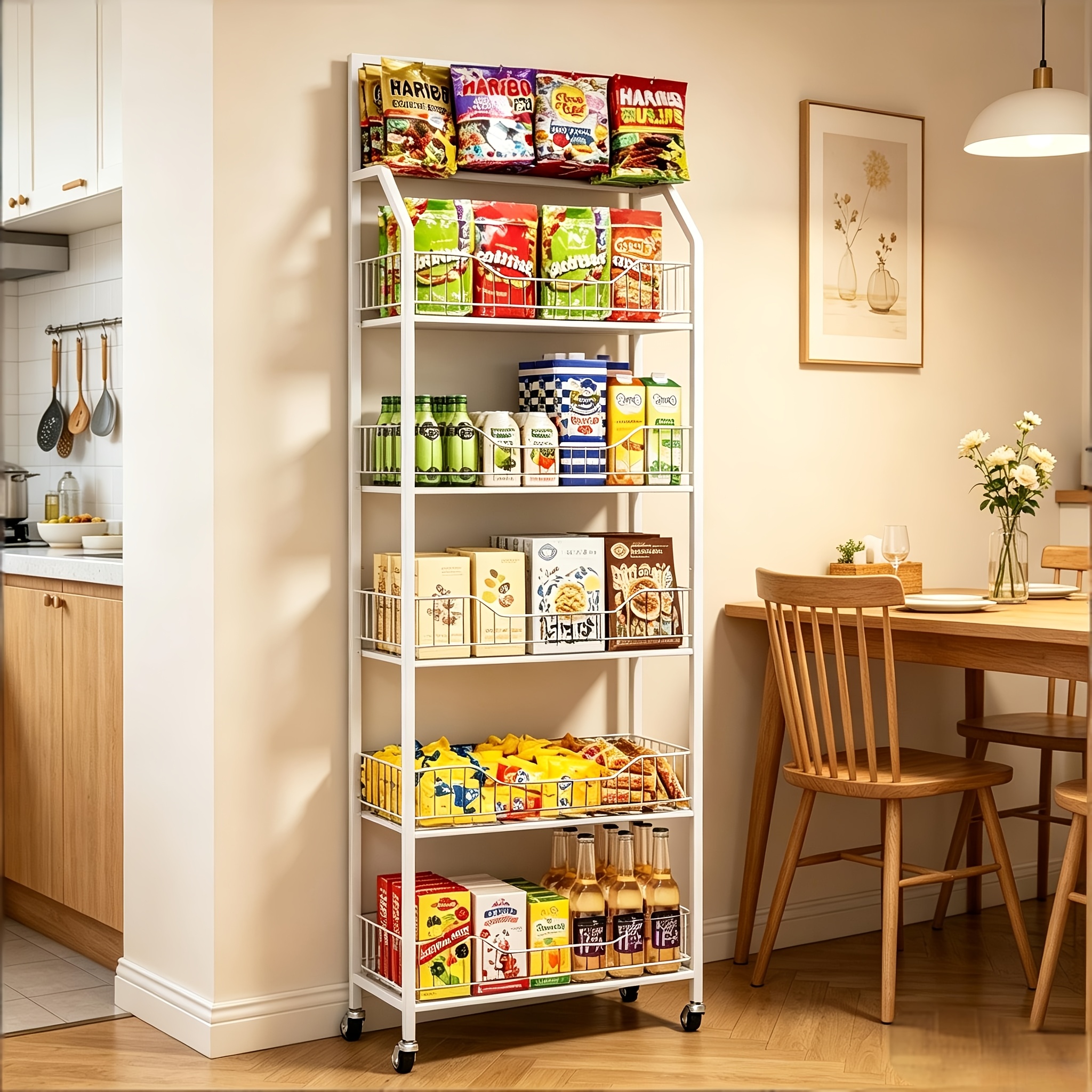 TEMU Estante expositor de 5 niveles para snacks con 10 ganchos y 4 ruedas, estante de almacenamiento grande de metal, para múltiples como tiendas, y