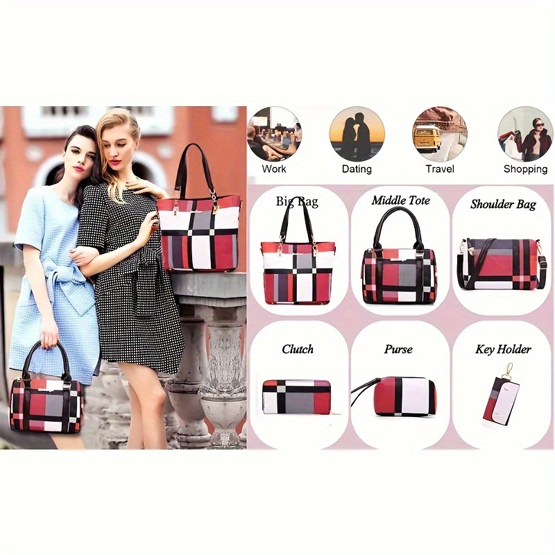 6pcs set large capacity checkered pattern shoulder bag with simple handbag crossbody bag clutch bag long short wallet details 2