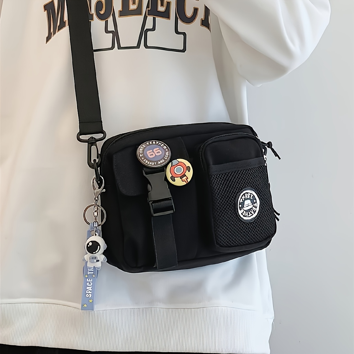 

Canvas Crossbody Bag With Badge Holder - Multi-, Closure, In Gray//blue/black - Ideal For Casual , Random Color, Shoulder Bag