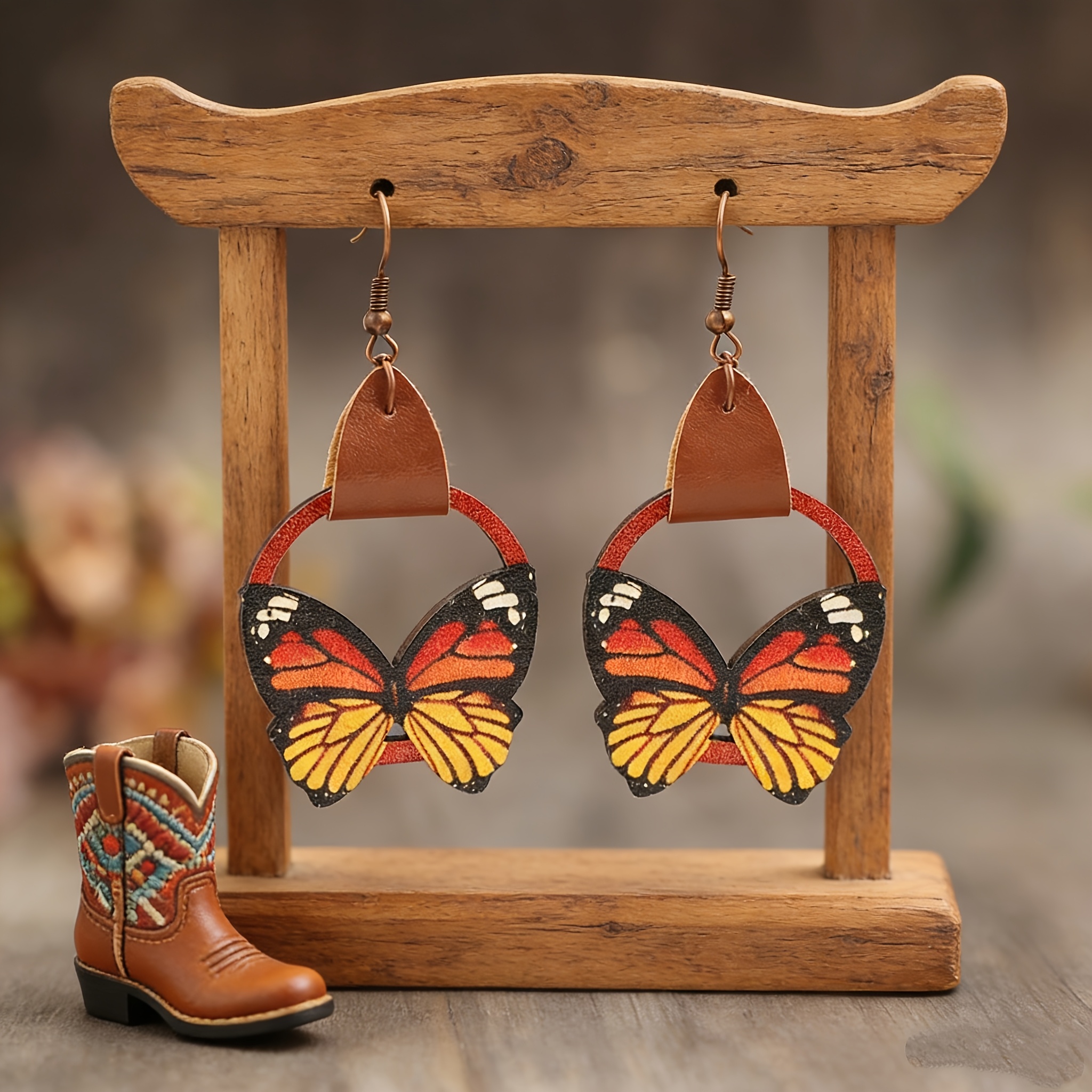 TEMU 1 Pair Western Retro Style Wooden Earrings, Ethnic Style Individual Ear Jewelry