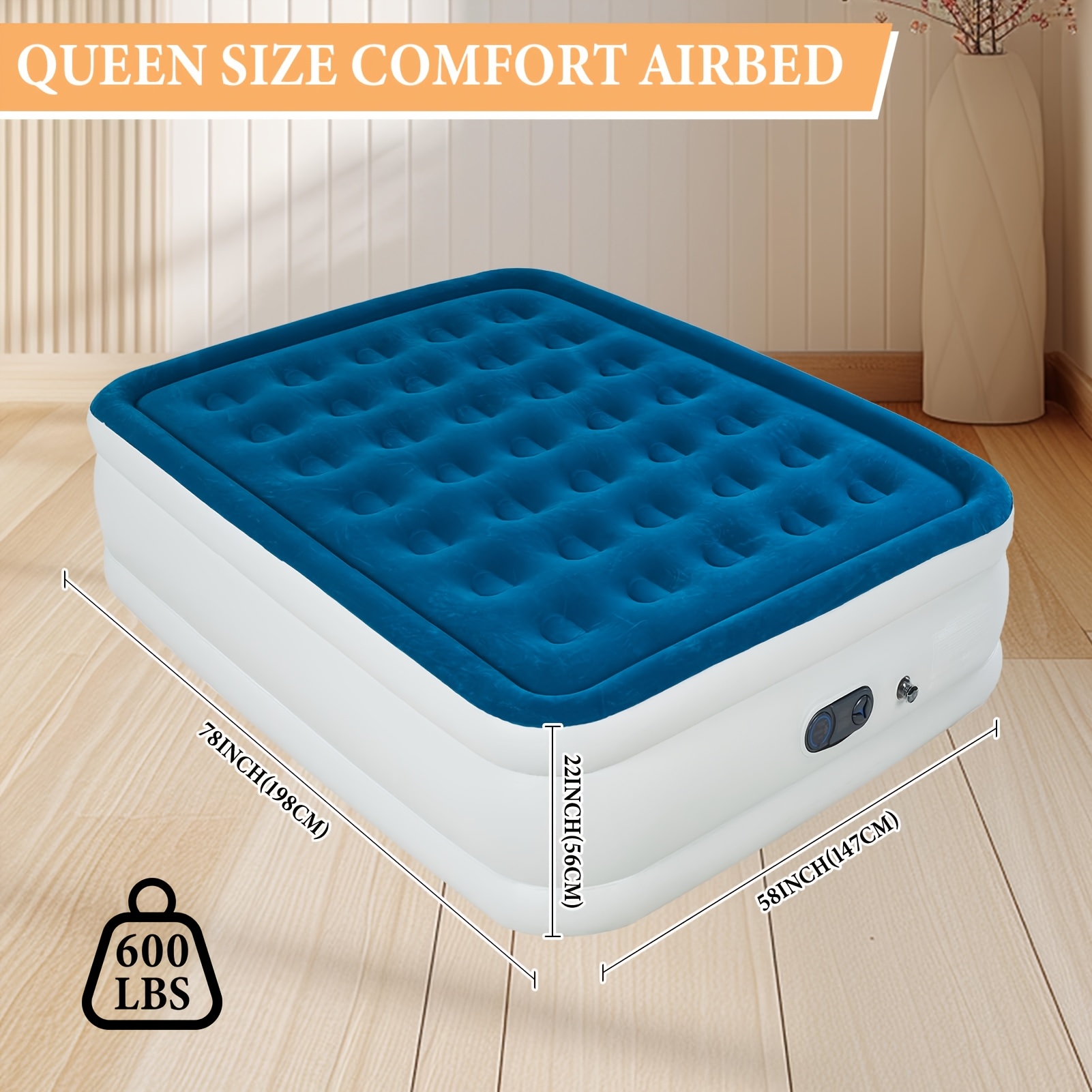 TEMU Matelas Gonflable d'Extérieur Queen Size 18" Bleu avec Pompe Électrique Intégrée, Gonflement & Dégonflage en 3 Minutes, Lit Gonflable à Tête