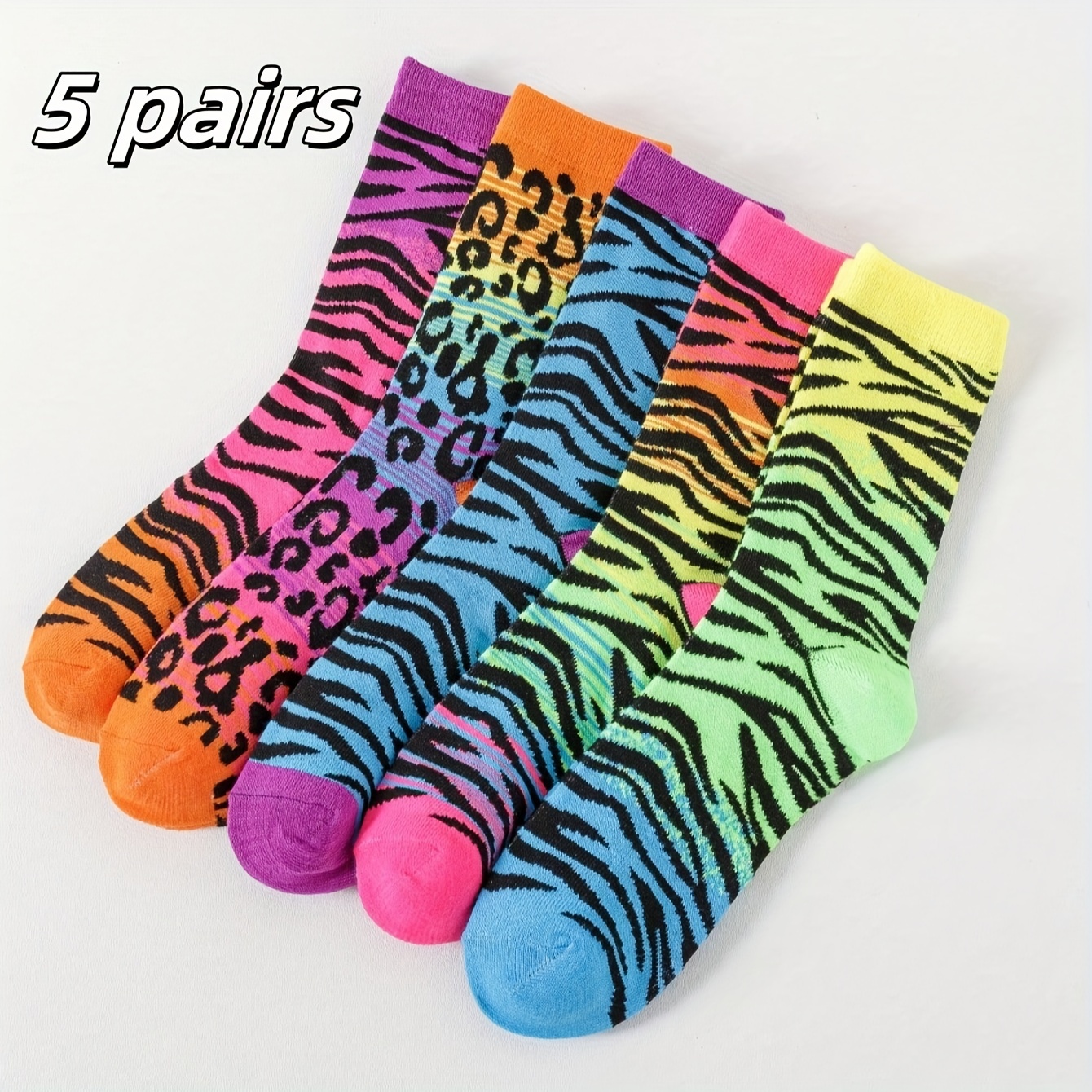 

Women's Leopard Print Calf Socks 5-pack - 97% Polyester 3% Spandex, Knit Fabric, Hand Washable - Vibrant Fashion Mid-tube Socks For Women