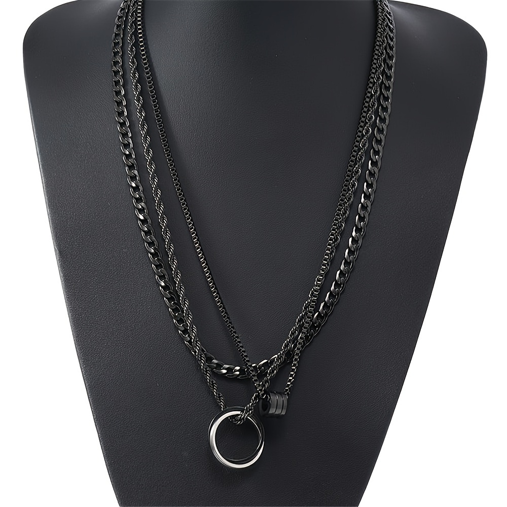 

3pcs Set Men' Steel Black Cuban Link Twisted Chain Necklaces - Fashionable Accessory For Any Outfit, Pairing With Clothing