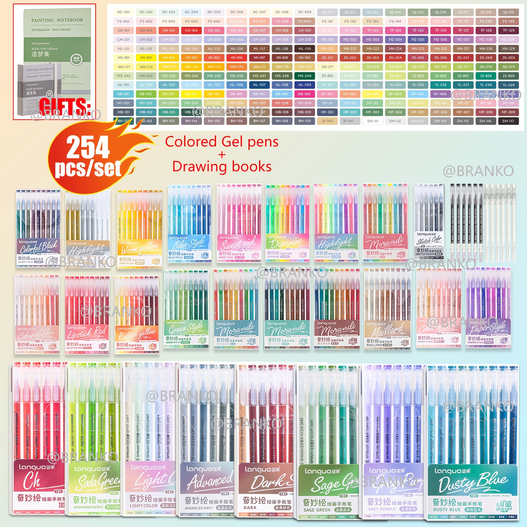 LANGUO 254-Piece Colored Gel Pens Set with 2 Drawing Books