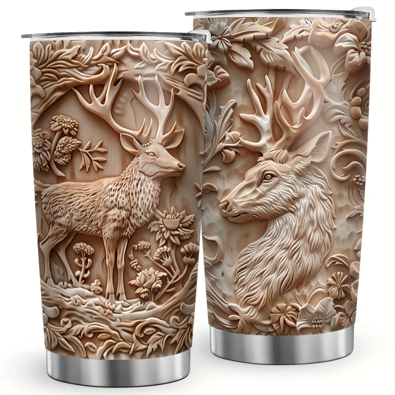 

20oz Stainless Mug With Wood Grain Deer Design - Vacuum Insulated, Reusable, All Beverages & Gifts