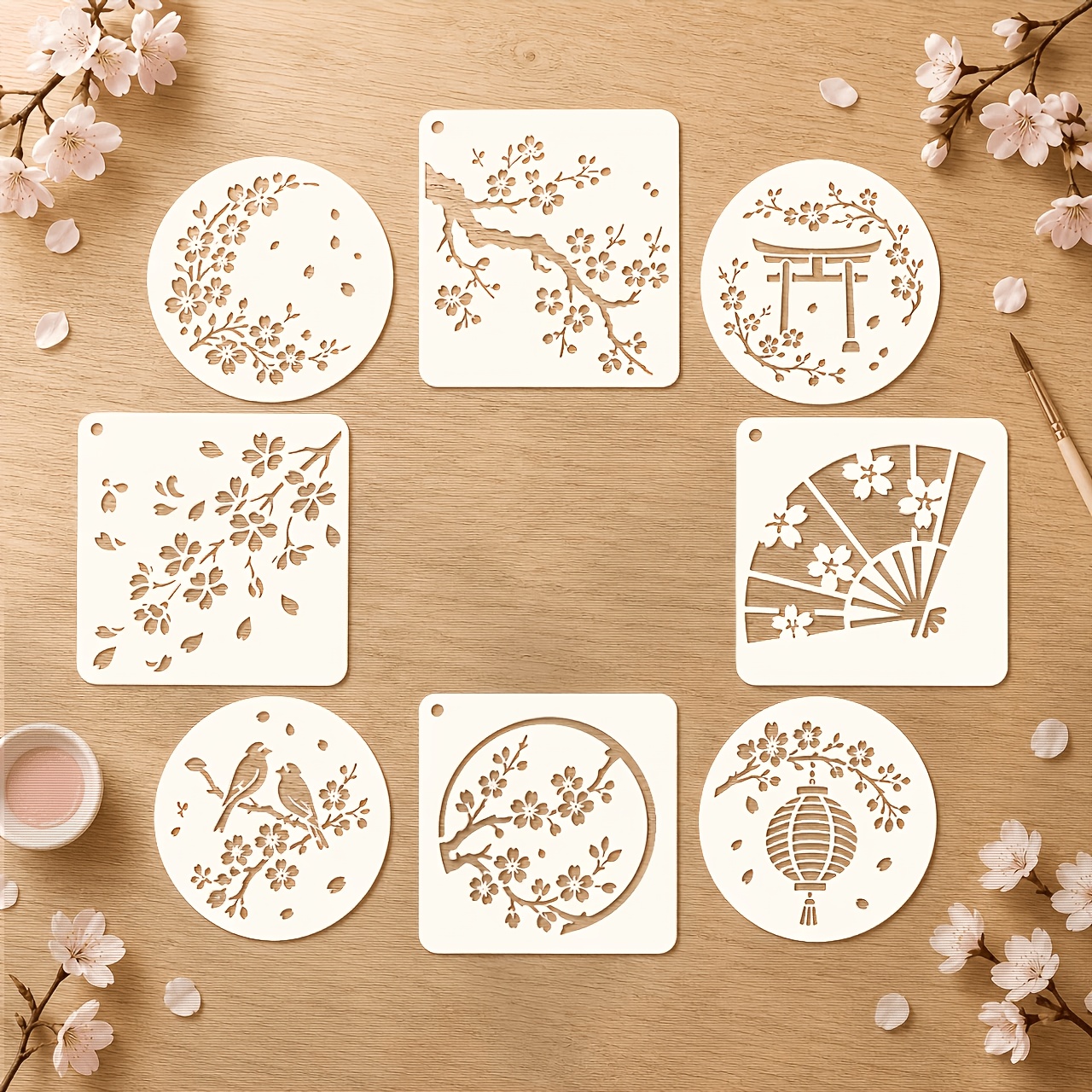 TEMU 8-pack 3.94 X 3.94 Inch Japanese Cherry Painting Stencils, Reusable Plastic Spray Painting Templates With Sakura Branches, Falling Petals, Fan,